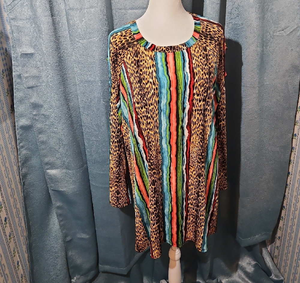 Lilypad Beige & Blue Striped Animal Print Tunic Top - Size 1X
